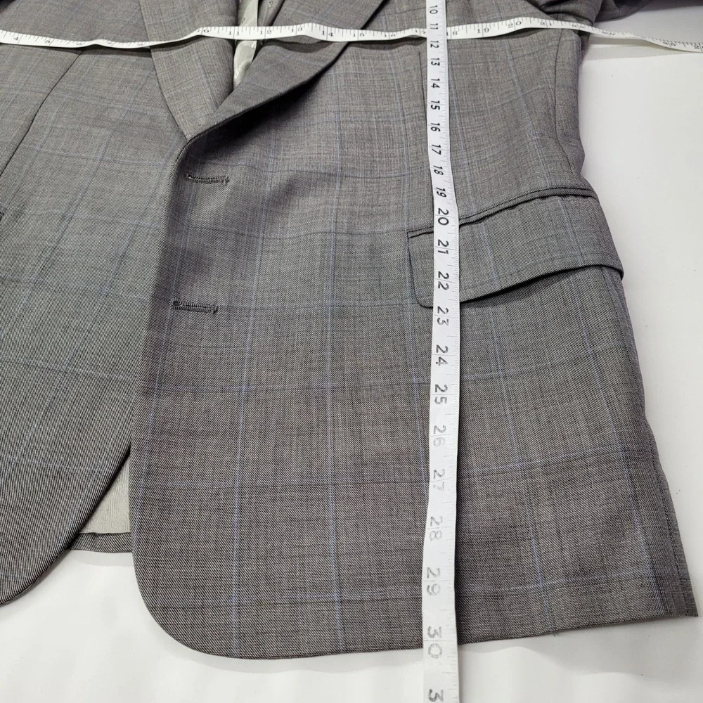 TOM JAMES Mens Gray Plaid Wool Blend Suit Jacket‎ Blazer 42R Custom Tailored USA